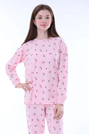 Minimal Çiçek Detaylı Pembe Kız Çocuk Pijama Takımı