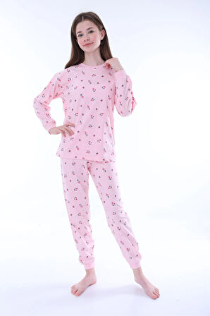 Minimal Çiçek Detaylı Pembe Kız Çocuk Pijama Takımı