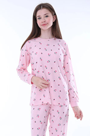 Minimal Çiçek Detaylı Pembe Kız Çocuk Pijama Takımı
