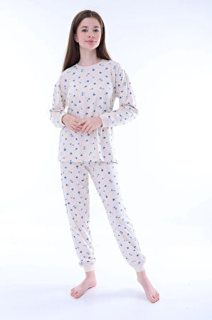Minimal Çiçek Detaylı Pembe Kız Çocuk Pijama Takımı