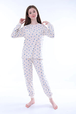 Minimal Çiçek Detaylı Pembe Kız Çocuk Pijama Takımı