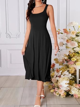 Modi Green Kadın Askılı Kare Yaka Yırtmaçlı Midi Janjan Krep Elbise
