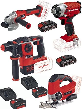 Einhell TE-CI 18/1 LI 2.5 Ah 4 Akülü Darbeli Vidalama + Herocco 18 v Kırıcı Axxio 18/115 Q Taşlama TE-JS 18/80 Dekupaj