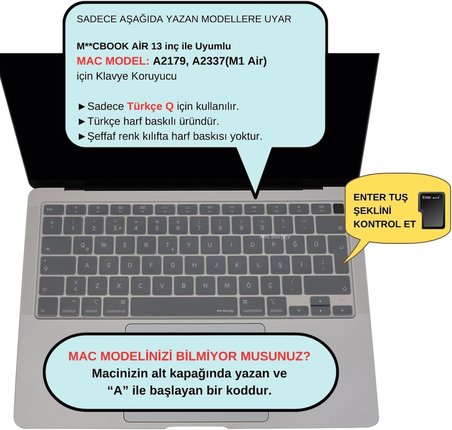 MacBook Air Klavye Koruyucu – 13inç M1 A2337,A2179 Uyumlu • Türkçe Q Düzen • Silikon İnce Kaplama • Toz ve Sıvı Koruması • UK ISO Klavyeyi Türkçeye Çevirme Desteği Şeffaf