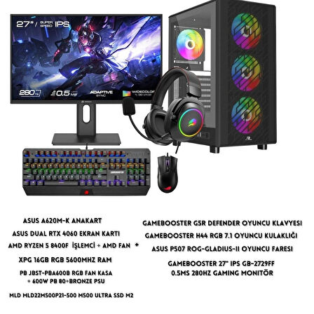 LYSERG PB A600B RGB Kasa Amd Ryzen 5 8400F 16 GB Ram 500 GB SSD Asus Dual RTX 4060 W11 + Full Set
