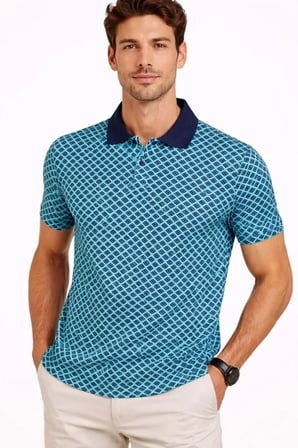 Modi Green Erkek Pike Kumaş Polo Yaka Desenli Tişört Kısa Kol Yazlık T-Shirt - Turkuaz