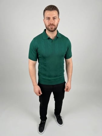 Modi Green Erkek Yazlık Triko Dokuma Tişört Kısa Kol Polo Yaka T-Shirt - Koyu Yeşil