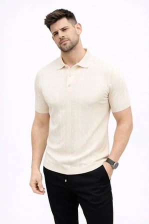 Modi Green Erkek Yazlık Triko Tişört Kısa Kol Polo Yaka Düğmeli T-Shirt - Krem