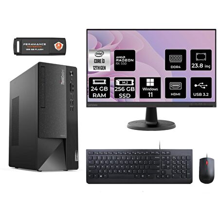 Lenovo ThinkCentre Neo 50T i3 12100 24GB 256GB SSD RX550/4GB W11P 11SC001ATX MASAÜSTÜ PC & 23.8" MONİTÖR
