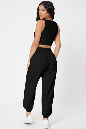 Modi Green Kadın Siyah Kaşkorse Cepli Jogger Eşofman Altı ve Crop Top Bluz