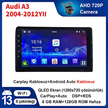 Audi A3 2004-2012 Yıl 8GB Ram 128GB Hafıza 9 İnç Android 14 Cihaz Kablosuz Carplay Kablosuz Android Auto Multimedya Navigasyon Double Teyp Araç Monitor Ekran