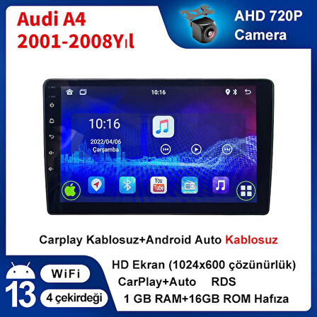 Audi A4 2001-2008 Yıl 1GB Ram 16GB Hafıza 9 İnç Android 14 Cihaz Kablosuz Carplay Kablosuz Android Auto Multimedya Navigasyon Double Teyp Araç Monitor Ekran