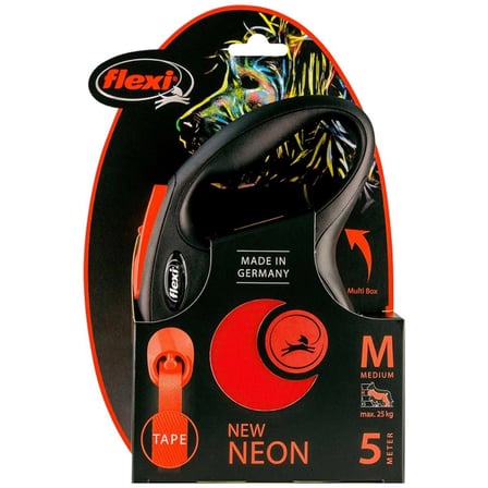 flexi New Neon M Boy Şerit Tasma Medium 5 Mt Otomatik Şeritli Köpek Uzatma Max 25kg Turuncu Şeritli 