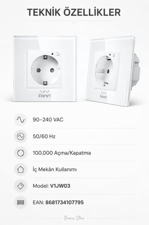 Fonri WiFi Akıllı Duvar Prizi Beyaz – Uzaktan Kontrol, Zamanlama, Çocuk Kilidi Tuya Destekli