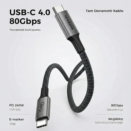 USB 4.0 V2.0, 80GBPS USB C Veri Kablosu, 240W USB C Şarj Kablosu, 8K@60hz 4K@240Hz 2K@360Hz Thunderbolt 5 Görüntü Kablosu, MacBook, Monitör, Docking İstasyonu, iPhone ile Uyumlu - 1 Metre