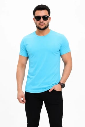 Modi Green Erkek Basic Tişört Bisiklet Yaka Kısa Kol Günlük Yazlık Slim Fit T-Shirt - Açık Mavi