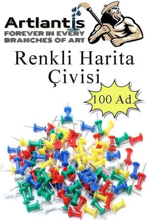 Renkli Harita Çivisi 100'lü 1 Paket Mantar Pano Raptiyesi Pano İğnesi Ofis Okul Büro