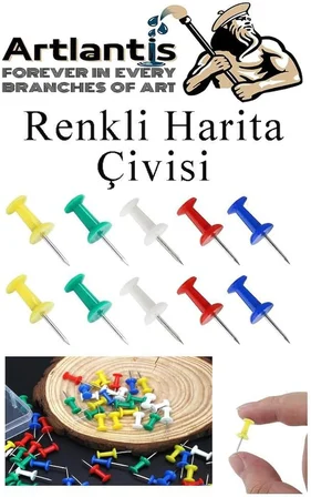 Renkli Harita Çivisi 100'lü 1 Paket Mantar Pano Raptiyesi Pano İğnesi Ofis Okul Büro