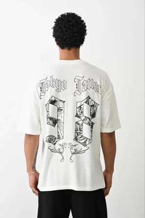Modi Erkek Gotik Yazı Baskılı Oversize Bisiklet Yaka T-Shirt - Siyah