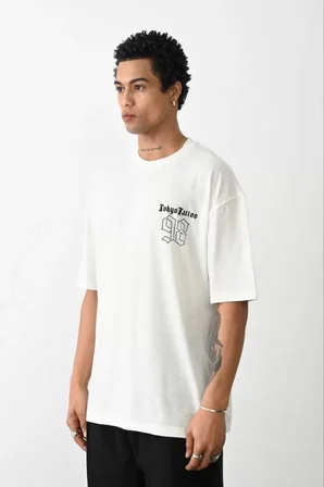 Modi Erkek Gotik Yazı Baskılı Oversize Bisiklet Yaka T-Shirt - Siyah