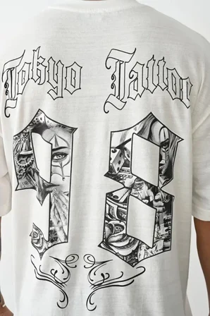 Modi Erkek Gotik Yazı Baskılı Oversize Bisiklet Yaka T-Shirt - Siyah