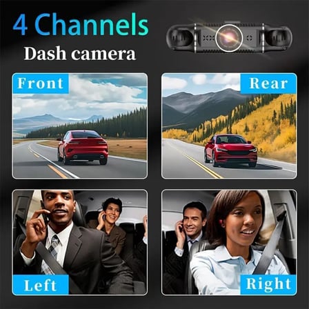 4 Kanallı Araç Kamerası, G-Sensör, Gece Görüşlü, WiFi Bağlantılı, 32GB Dahili Hafıza, Acil Durum Video Kilitleme Özellikli Dash Cam
