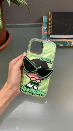 Iphone 14 Pro Max Uyumlu Powerpuff Girls Baskılı Gözlük Popsoketli Standlı Kılıf