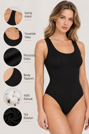 Loule Kadın 3'lü Geniş Askılı Pamuklu U Yaka Alttan Kancalı Body Esnek Basic