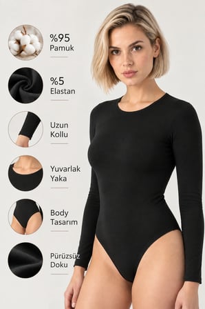 Loule Kadın 2'li Uzun Kollu Pamuklu Bisiklet Yaka Alttan Kancalı Body Esnek Basic