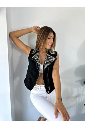 Kadın Siyah Jean Zımba Detaylı Biker Yelek