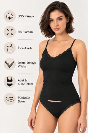 Loule Kadın 2'li Pamuklu Dantel Detaylı İnce Askılı Atlet Bikini Külot Takımı Esnek İç Giyim