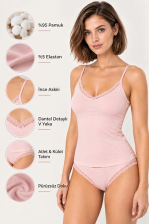 Loule Kadın 2'li Pamuklu Dantel Detaylı İnce Askılı Atlet Bikini Külot Takımı Esnek İç Giyim