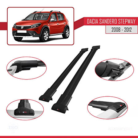Dacia Sandero Stepway 2008-2012 Arası ile Uyumlu FLY Model Ara Atkı Tavan Barı Siyah 2 Adet