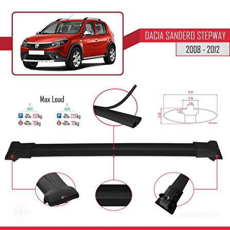 Dacia Sandero Stepway 2008-2012 Arası ile Uyumlu FLY Model Ara Atkı Tavan Barı Siyah 2 Adet