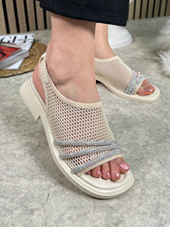 Günlük Kadın Sandalet Fileli Streç Taşlı Yumuşak Taban Lastikli Kalın Topuklu Ayakkabı 291