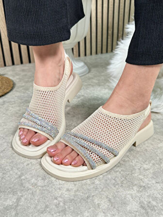 Günlük Kadın Sandalet Fileli Streç Taşlı Yumuşak Taban Lastikli Kalın Topuklu Ayakkabı 291