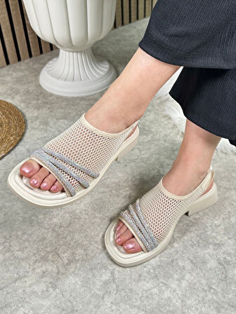 Günlük Kadın Sandalet Fileli Streç Taşlı Yumuşak Taban Lastikli Kalın Topuklu Ayakkabı 291