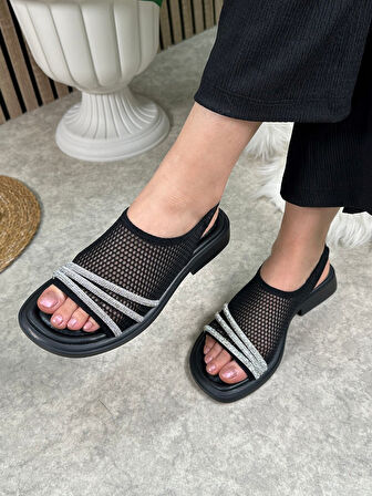 Günlük Kadın Sandalet Fileli Streç Taşlı Yumuşak Taban Lastikli Kalın Topuklu Ayakkabı 291