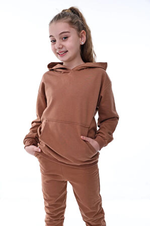 Basic Kapüşonlu 2 İplik Şardonlu Kanguru Cepli Çocuk Eşofman Takımı - 3-10 Yaş Su Yeşili