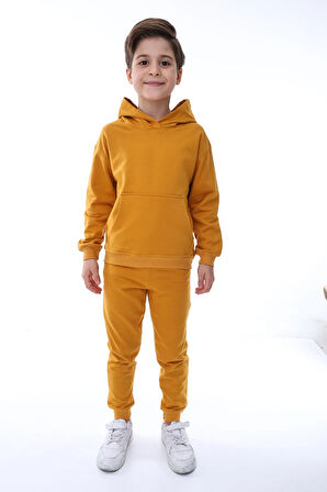 Basic Kapüşonlu 2 İplik Şardonlu Kanguru Cepli Çocuk Eşofman Takımı - 3-10 Yaş Su Yeşili