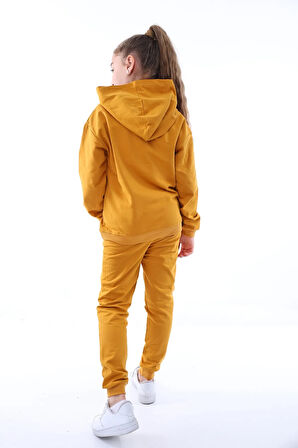 Basic Kapüşonlu 2 İplik Şardonlu Kanguru Cepli Çocuk Eşofman Takımı - 3-10 Yaş Su Yeşili