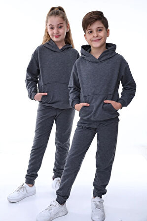 Basic Kapüşonlu 2 İplik Şardonlu Kanguru Cepli Çocuk Eşofman Takımı - 3-10 Yaş Su Yeşili