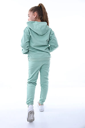 Basic Kapüşonlu 2 İplik Şardonlu Kanguru Cepli Çocuk Eşofman Takımı - 3-10 Yaş Su Yeşili