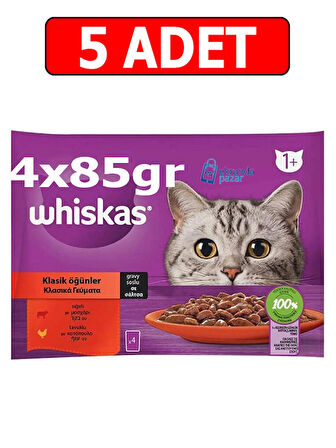 Whiskas sığırlı tavuklu kedi yaş mama (4x85gr) 5adet klasik öğünler kedi konserve gravy soslu