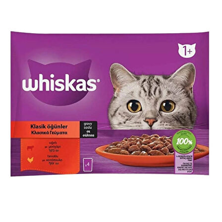 Whiskas sığırlı tavuklu kedi yaş mama (4x85gr) 5adet klasik öğünler kedi konserve gravy soslu