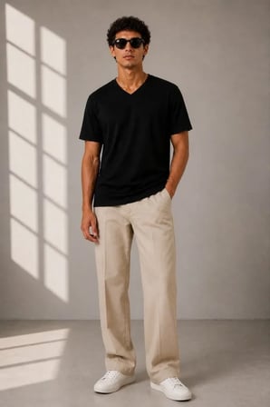 Modi Green Erkek V Yaka Basic Tişört Kısa Kol Yazlık Regular Fit T-Shirt - Siyah