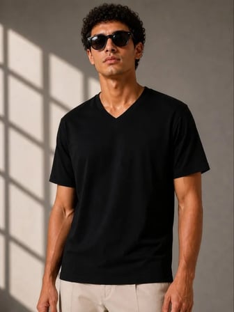 Modi Green Erkek V Yaka Basic Tişört Kısa Kol Yazlık Regular Fit T-Shirt - Siyah