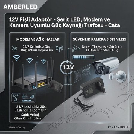 12V Fişli Adaptör 5 Amper 60 Watt - Şerit LED, Modem ve Kamera Uyumlu Güç Kaynağı Trafosu - Cata
