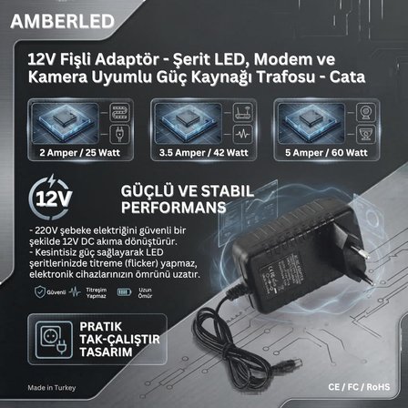12V Fişli Adaptör 5 Amper 60 Watt - Şerit LED, Modem ve Kamera Uyumlu Güç Kaynağı Trafosu - Cata
