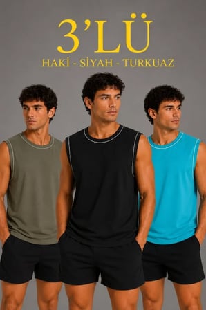 Modi Green Erkek 3’lü Kolsuz Sporcu Atlet Seti Yazlık Bisiklet Yaka - Siyah, Haki, Açık Mavi